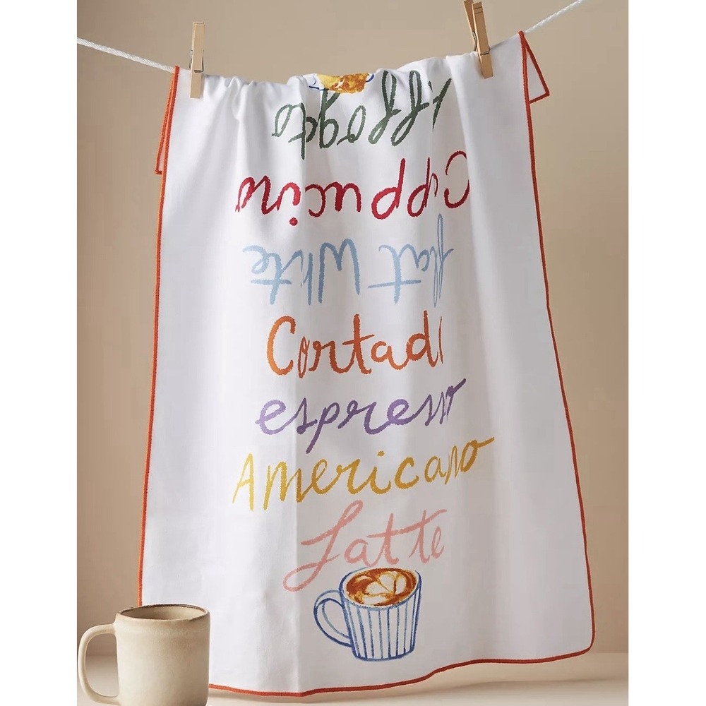 ANTHROPOLOGIE Coffee All Day Dish Towel Cloth Artsy Kitchen Graphic Text